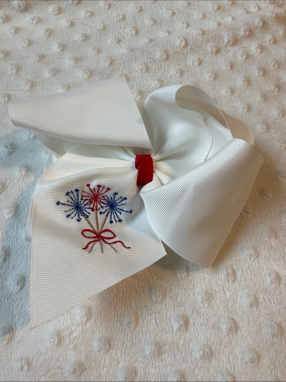 White Hair Bow with Red and Blue Firework Embroidery